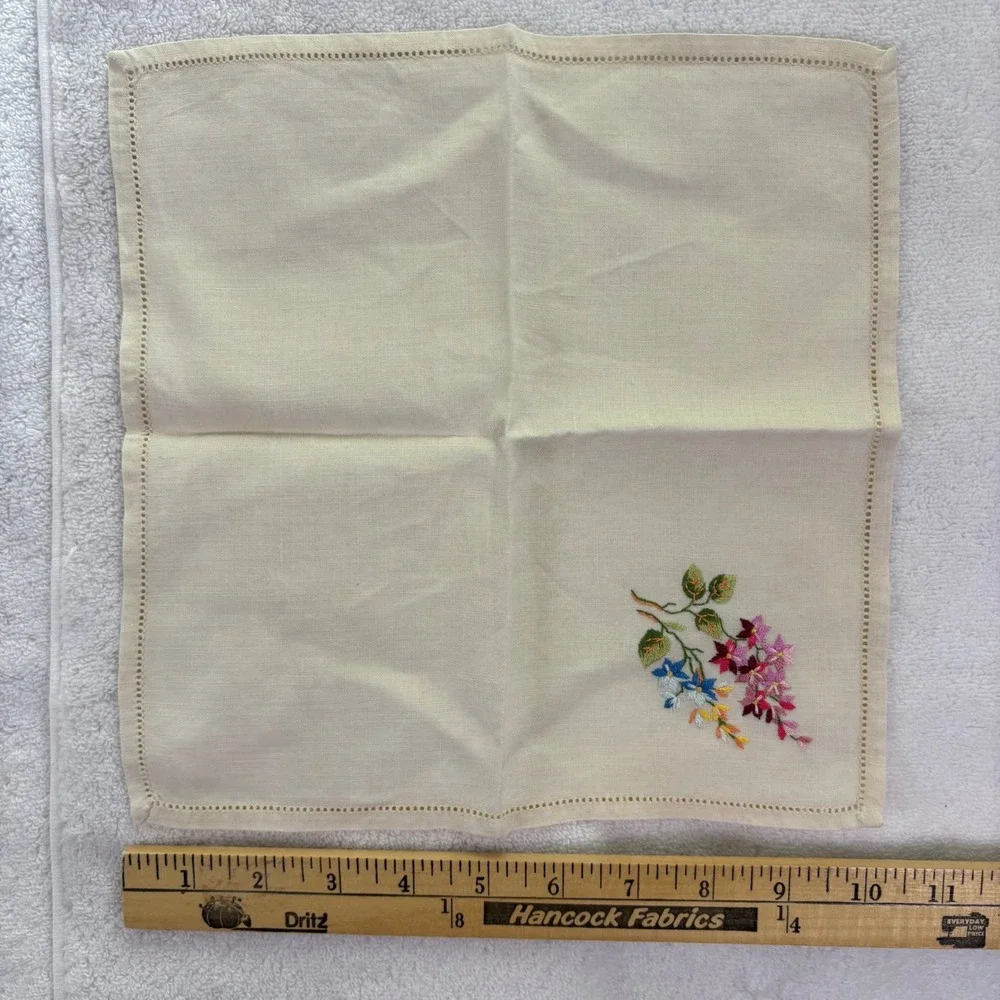 Handmade Embroidered Linen Handkerchief Floral Wisteria Blue‎ Pink Purple Accent